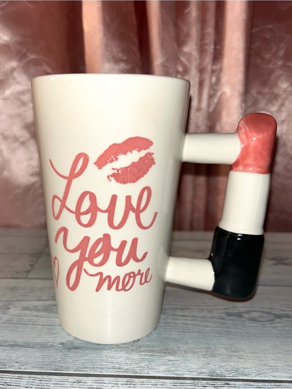 Ceramic 'Love You More' Pink Accent Lipstick Handle Mug -